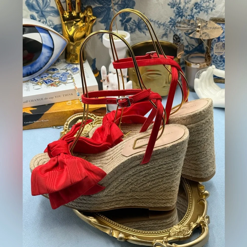 🆕 LOEFFLER RANDALL 🧿 NWOB Angelina Red Moiré Bow Wedge Espadrille, Sz 7